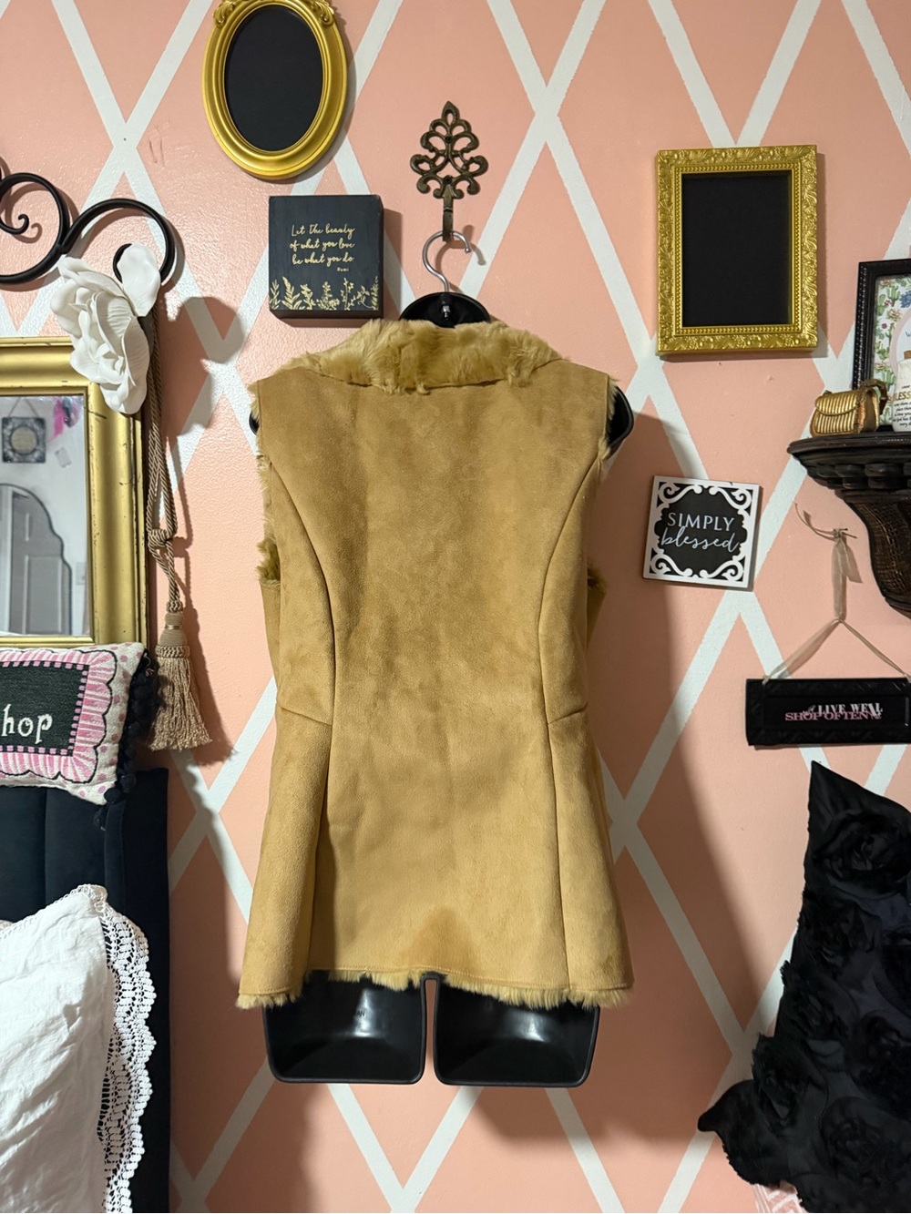 White House, Black market Faux Fur Trim Camel Suede Vest - Women - Picture 3 of 4